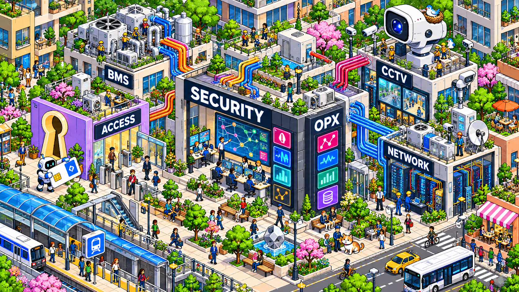 BMS · CCTV · 출입 통제 · 네트워크 → OPX → 통합 예측 · 대응의 적용 아키텍처
