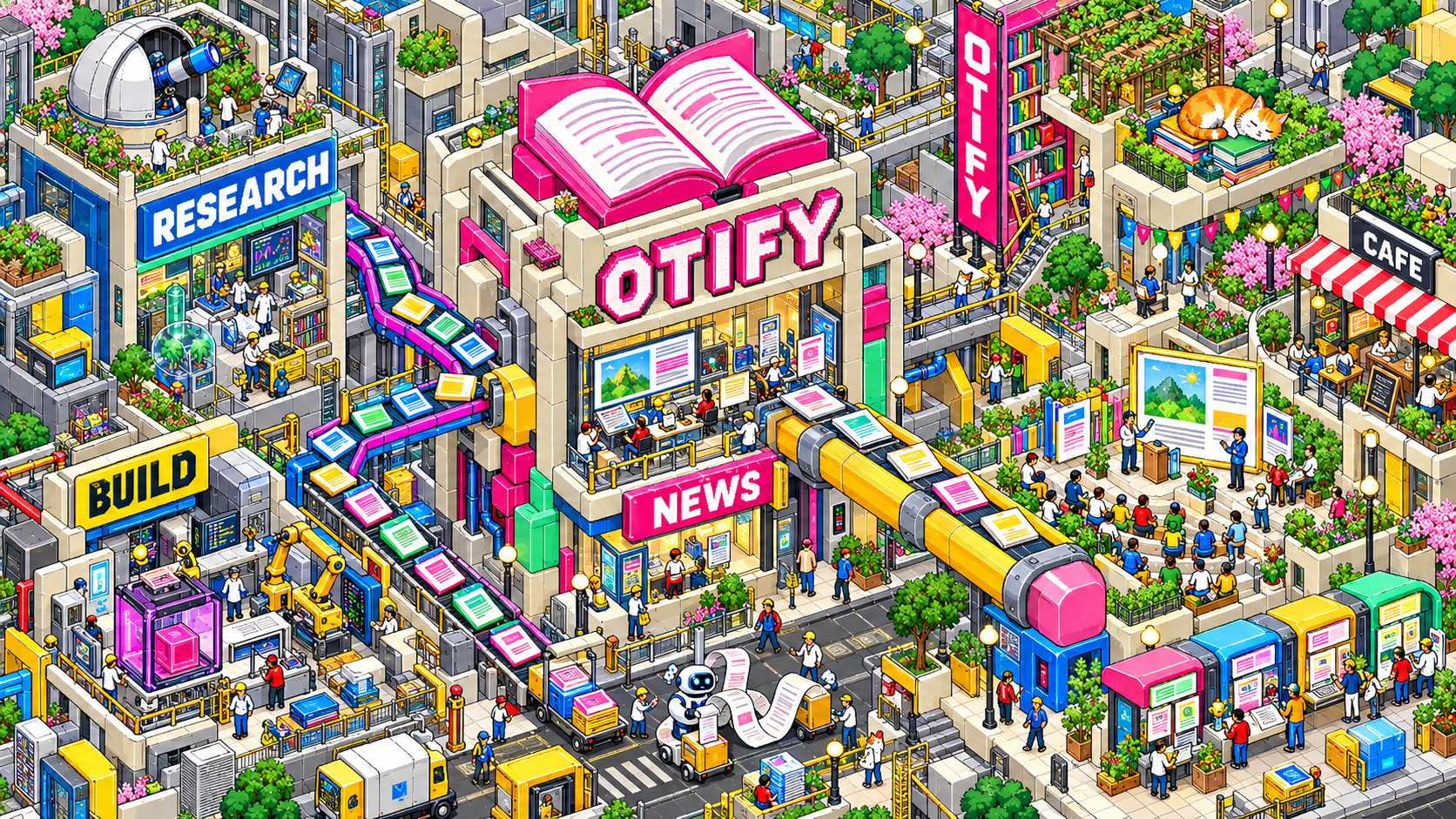 연구와 팀의 소식 — OTIFY의 기술과 사람을 표현한 픽셀 콘셉트 아트