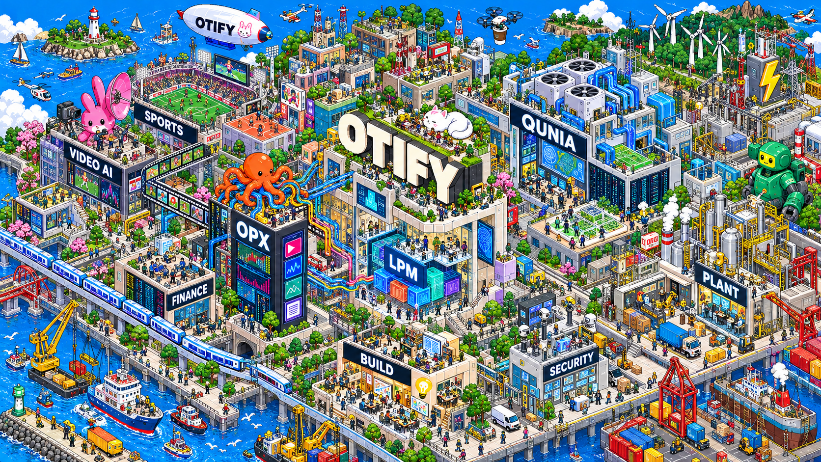 QUNIA 데이터센터, OTIFY 타워, OPX 엔진 건물, 경기장, 항만이 이어진 픽셀 아트 도시. 산업 적용을 표현한 개념 일러스트입니다.